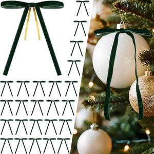 24 Pcs Dark Green Velvet Bows for Christmas Tree Decor, Elegant Velvet Pre-Tied Ribbon Bows Door Garland Vintage Ornaments for Christmas, Wreaths, Gifts and Home Decoration (5x7 Inch, 3/8'' Wide)