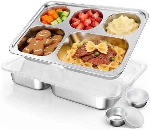 Bakpoco Stainless Steel Divided Plate for Kids Toddler, Non Toxic Portion Control Plate Dinner Plate with Lid for Adults Weight Loss, 2 Pack 5 Sections Rectangular Snack Plate Tray