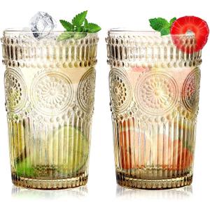 6pcs Vintage Drinking Glasses Set, 12 oz Tawny Highball Glasses, Embossed Ribbed Glassware Cups for Cocktail, Water, Juice, Coffee, Whiskey