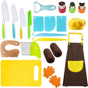 RISICULIS 21 Pieces Toddler Knife, Kids Knife Set Includes Wood Kids Safe Knifes, Plastic Toddler Knifes, Cutting Board, Apron, Chef Hat, Y Peeler, Crinkle Cutter, Cake Scraper