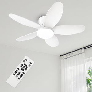 Small Ceiling Fans, 35 Inch Low Profile Ceiling Fan White Flush Mount Ceiling Fans with Lights and Remote,with 5 Reversible Blades 6 Wind Speeds, Modern Ceiling Fan for Bedroom Kitchen