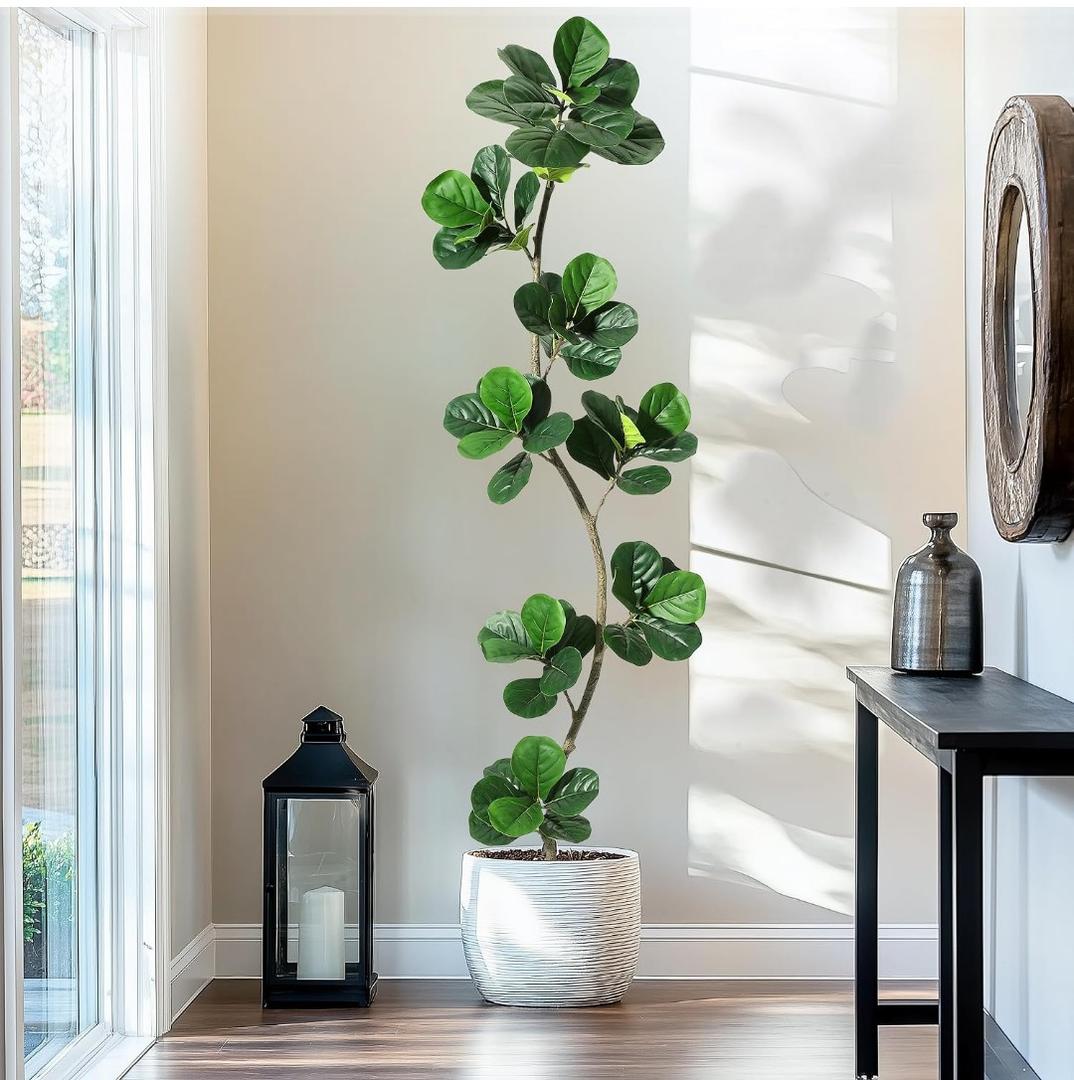 GarveeHome Artificial Fiddle Leaf Fig Tree - 7 ft Fake Plant with Black Nursery Planter, Large Floor Plants for Home or Office Decor - Artificial Plants Indoor Outdoor, Housewarming Gift