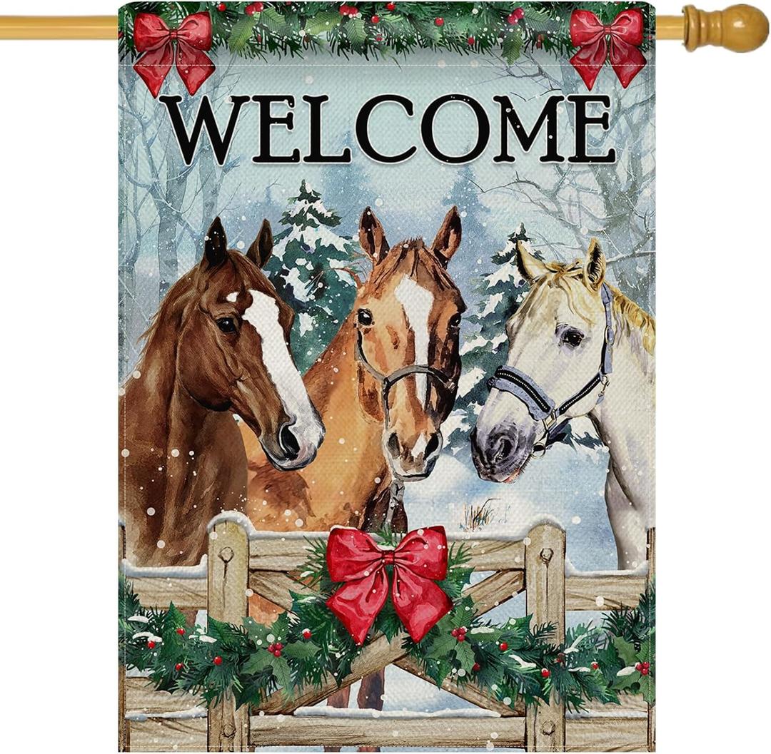 Selmad Welcome Winter Horse Decorative House Flag, Fence Holly Red Berry Bow Snowy Forest Home Yard Garden Outdoor Decor, Christmas Snowflake Farmhouse Large Outside Decoration Double Sided 28 x 40