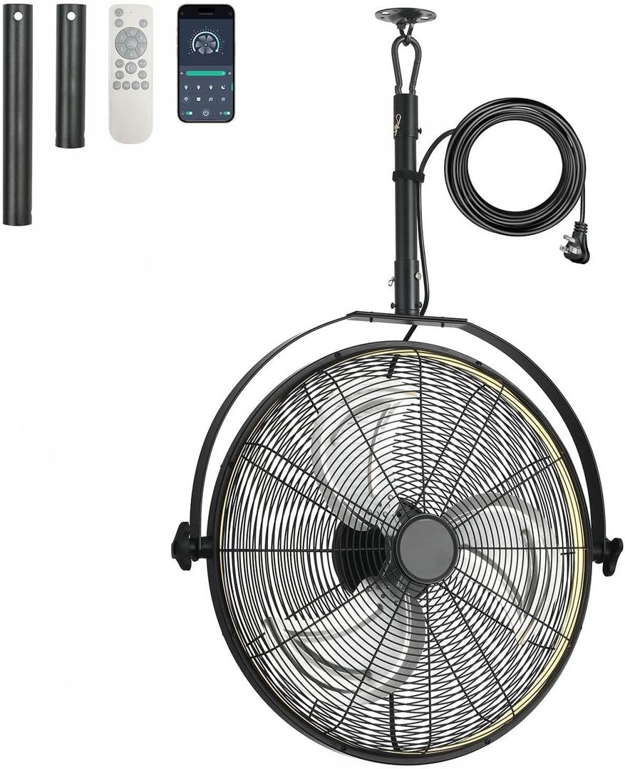 AHAWILL 22.8" Outdoor Hanging Ceiling Fan with Light - 360 Rotatable Fixed Angle,Plug-in,3CCT Dimmable,6 Speeds,Timer & Reversible,2-in-1 Hanging/Standing,Ideal for Gazebos,Patios,Tool Room,Garage., 23inch-with light