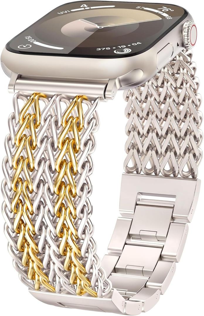 Minyee Compatible with Apple Watch Band 38/40/41/42mm(Series 11/10) Women, Dressy Stainless Steel Metal Adjustable Chain Strap Link Bracelet Wristband for iWatch Series 11 10 9 8 7 6 5 4 3 2 1 Ultra SE (Starlight/Gold)
