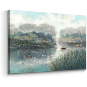 the stream design Landscape Lake Canvas Wall Art: Hand Painted Nature Scene Painting Picture Calming Forest Boat Print Decor Gold Foil Textured Artwork for Bedroom Living Room