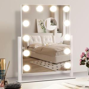 Vanity Makeup Mirror with Lights,3 Color Lighting Modes Detachable 10X Magnification Mirror Touch Control,360Rotation, White (14.6Inch)