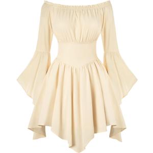 Scarlet Darkness Renaissance Costume Women Pirate Peasant Off Shoulder Bell Sleeve Fairy Dress, Small,Apricot