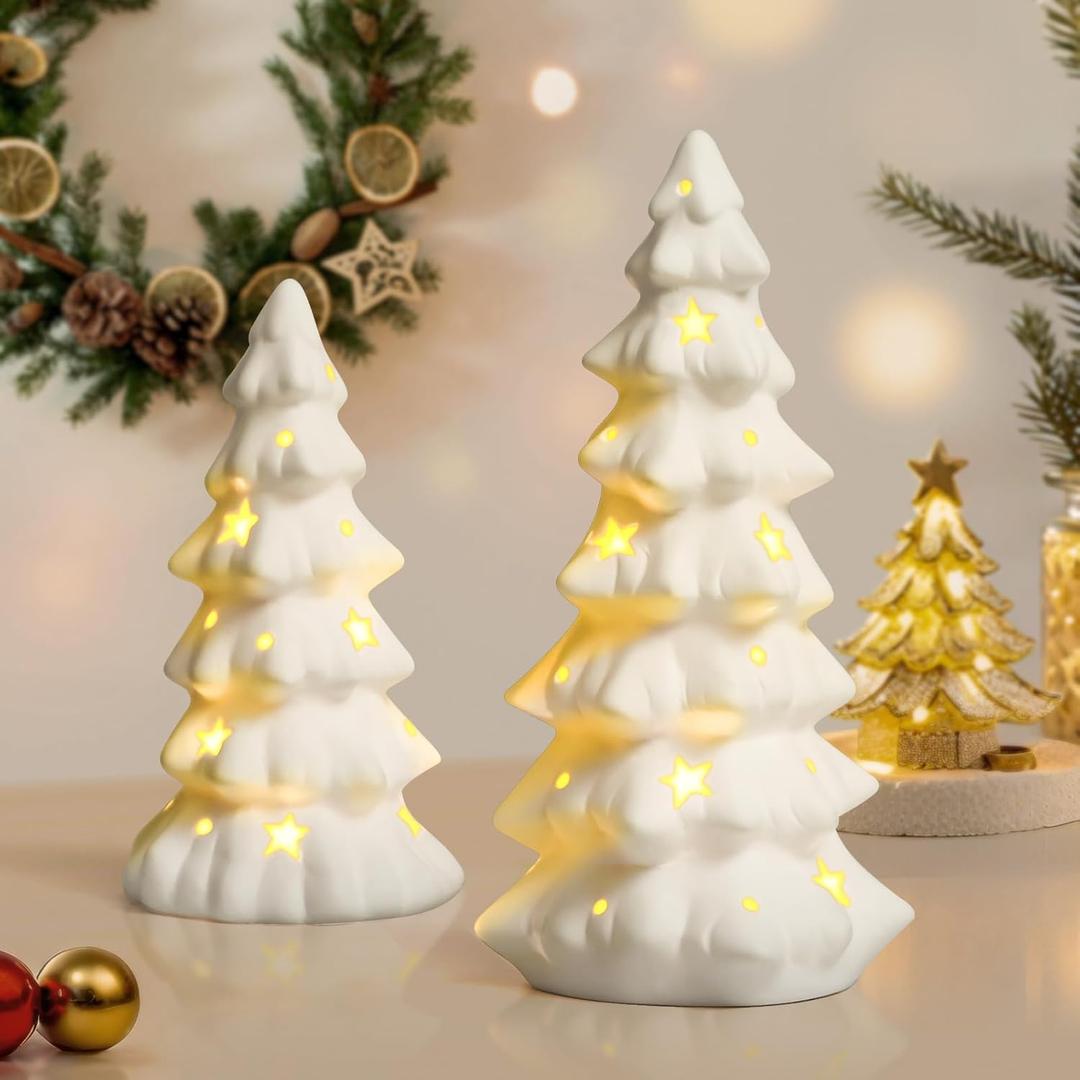 Tfro & Cile White Ceramic Christmas Tree Decor Xmas Indoor Statue 2 PCS Tabletop Home Decoration LED Light Figurines for Party