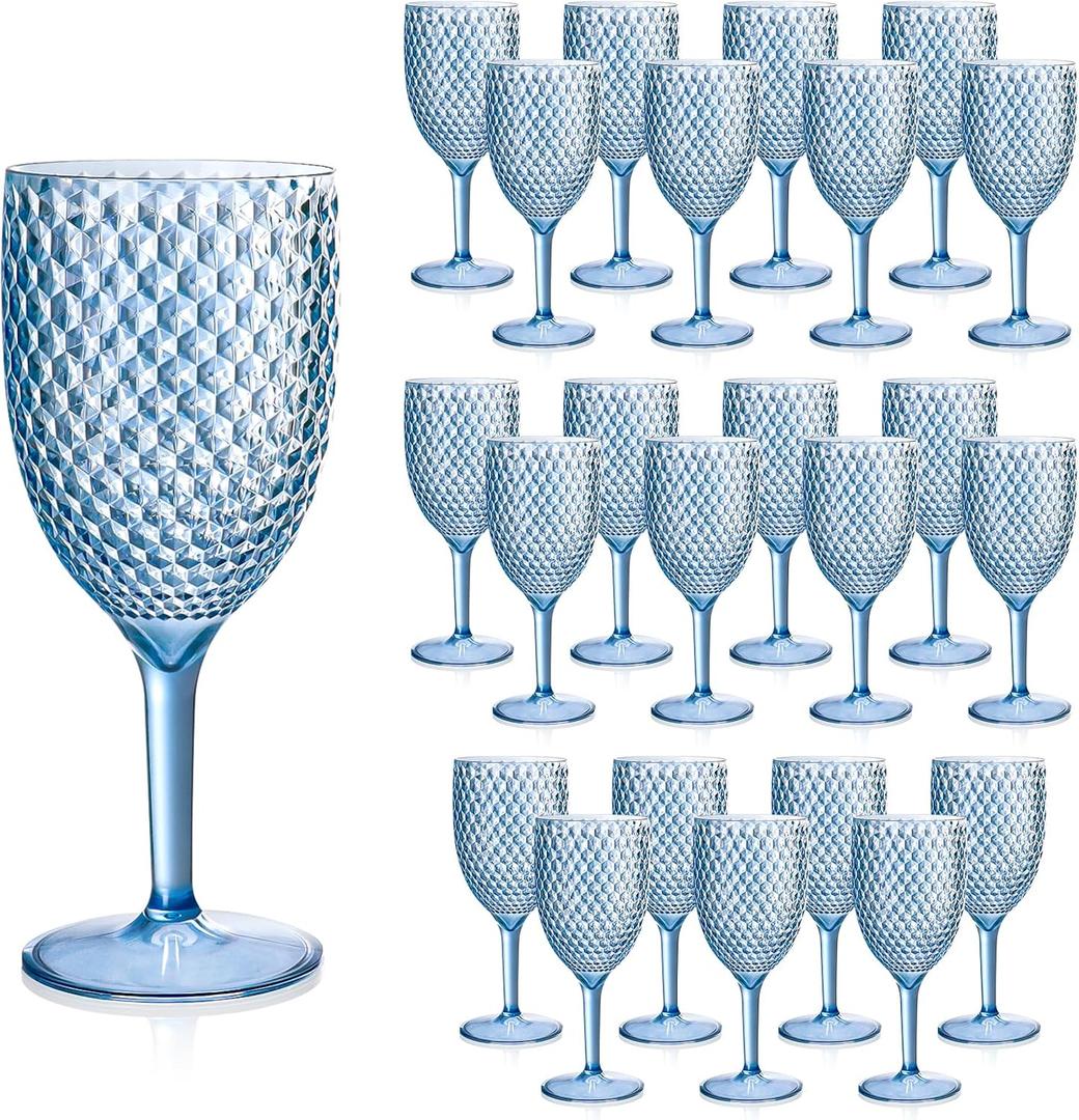 24pcs Blue Plastic Wine Glasses 13.5oz Reusable Acrylic Wedding Goblets Toasting Glassware Unbreakable Wine Cups with Long Stem Crystal Drinking Glasses Champagne Flutes for Bar Restaurants Party