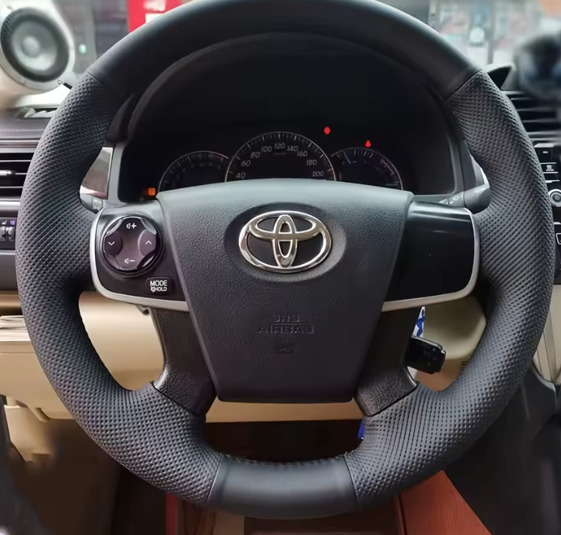 Hand-Stitched Black Genuine Leather Peach Wood Grain Steering Wheel Cover Non-Slip Car Accessories