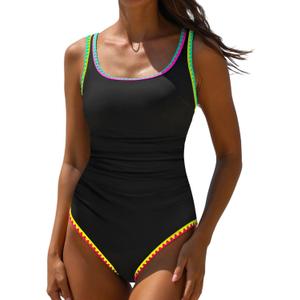 popvil One Piece Swimsuit Tummy Control Womens Bathing Suits Modest Curvy Neon Sexy Sport Swimwear (Large, Black )
