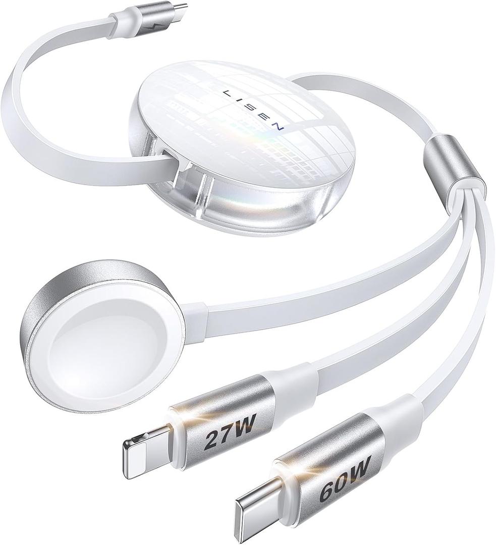 LISEN Retractable Apple watch Charger USB C Cable Fast Charging, 3 in 1 Charging Cable, Retractable Car Charger for Multiple Travel Devices for Apple Watch 10/9/8/Ultra 2, iPhone 16/15/14, Galaxy S25 (White)