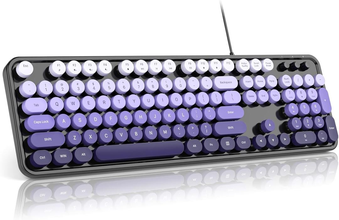 MOFII Keyboard Wired, Full Size Retro Typewriter Keyboard Round Key, USB Wired Plug and Play, for Laptop, PC, Desktop, Windows (Black Purple Gradient Color)