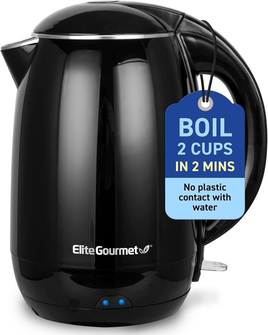 Elite Gourmet EKT1821 1.8L Double Wall Insulated, Cool-Touch 1500W Kettle w/ Stainless Steel Interior & Lid, 360° Swivel Base for Cord Free Serving, Power On Lever, Auto Shut-Off, Boil Dry, Black