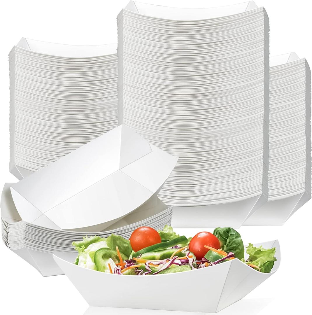 MotBach 150 Pack 1Lb Paper Food Boat Trays Disposable Paper Boat Plates Containers, White Kraft Food Serving Tray Boats Bowls for Snack Fries Popcorn BBQ Sandwich HotDog Dessert Taco Nacho