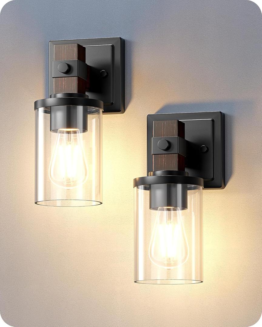 EDISHINE Wall Sconces Set of 2, Farmhouse Vanity Light Fixtures with Clear Glass Shade & Dark Brown Wood Grain Paint, 1-Light Wall Mount Lamp for Bathroom, Hallway, Living Room, Mirror, Kitchen (Oil-Rubbed Bronze)