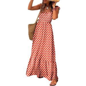LOLONG Maxi Dress for Women Summer Boho Spaghetti Strap Square Neck Ruffle Beach Sun Dress (Large, Printed Vermilion)