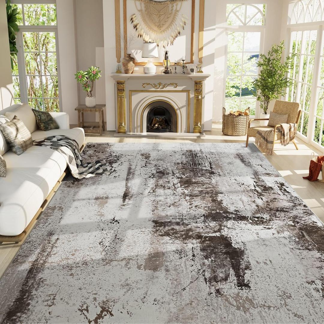 Living Room Rug 9x11 Coffee Area Rugs Machine Washable Abstract Boho Large Rug Non-Slip Non-Shedding Faux Wool Indoor Vintage Carpet for Bedroom, Classroom, Dining Room, Kids Playroom