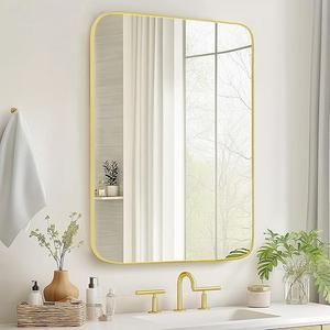 Sunniry Gold Vanity Mirror, 18x22 Inch Gold Rectangle Mirror, Bathroom Mirrors for Over Sink, Metal Frame Mirrors for Vanity, Bathroom, Hallway, Bedroom, Living Room.