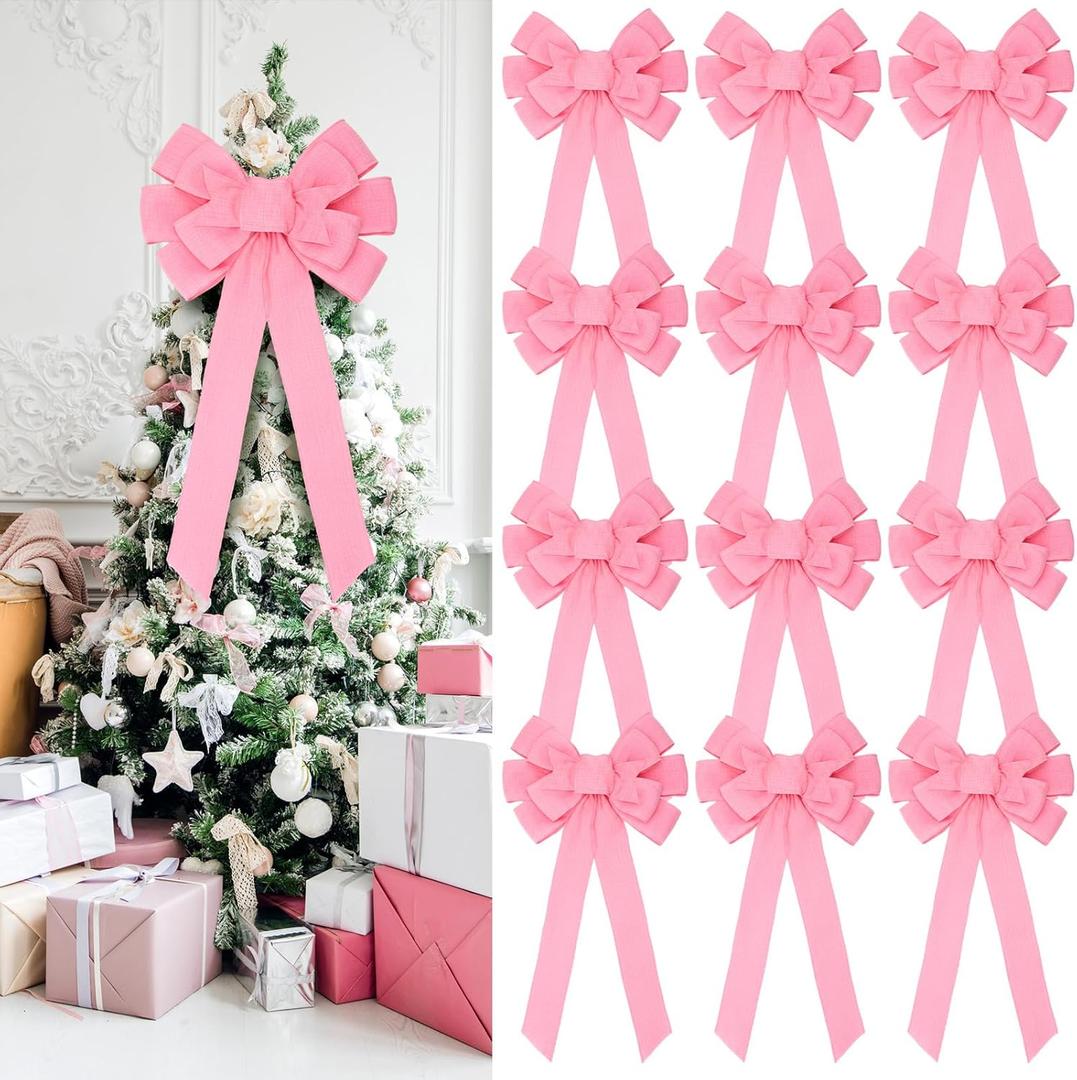 Riceshoot 12 Pcs Christmas Pink Bows Large Christmas Tree Topper Bow 12" x 24" Outdoor Decorations Wreath Bow with Glitter Gold Edge for Xmas Home Front Door Decor