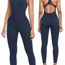 Womens Workout Jumpsuits Seamless Yoga Gym Bodycon Rompers Sexy Racerback Tummy Control Padded Bra Unitard - Navy S
