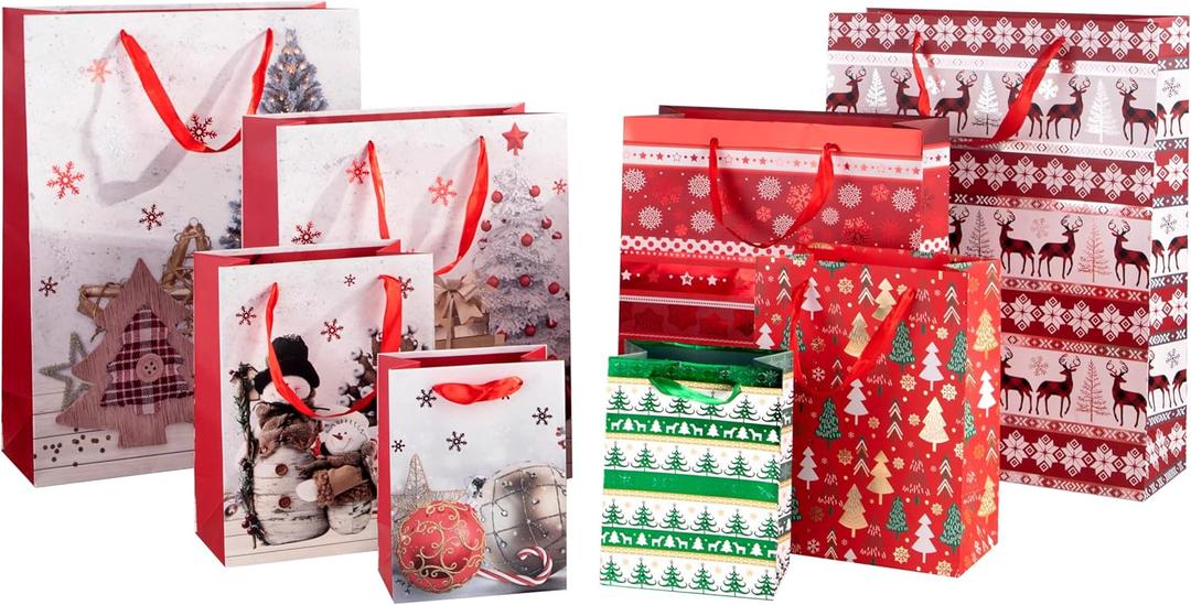 32 PCS Christmas Bags for Wrapping Holiday Gifts,Hot Stamping Foil Festival Bag Bulk Set with Snowman, Reindeer,Christmas Stocking/Cane/Tree, Snowflake, Gin Design - 8 X-Large,8 Large,8 Medium,8 Small (32 Count (Pack of 1))