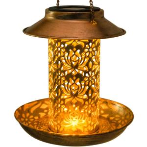 Solar Bird Feeder Decorative Metal Panels Hanging Bird House with Light for Feeding Wild Bird Feeder Outdoors Hanging Gift for Outdoor Garden Backyard Decoration