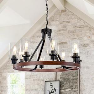 Lanhall 8-Light Farmhose Chandelier for Dining Room Light Fixture Faux Wood Kitchen Pendant Light Round Rustic Ceiling Hanging Lighting with Glass Globes Adjustable Height Metal E26