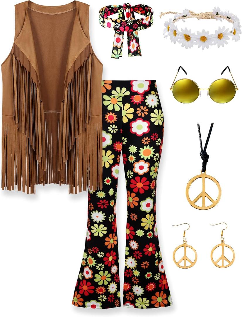 60s 70s Outfit for Women Hippie Costume 8pcs Fringe Vest Flared Pants Costume Peace Sign Necklace Earrings XXL