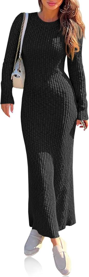 Wenrine Womens Sweater Maxi Dress Long Sleeve Knit Ribbed Crew Neck Slim Fit Casual Fall Long Dresses (Black)