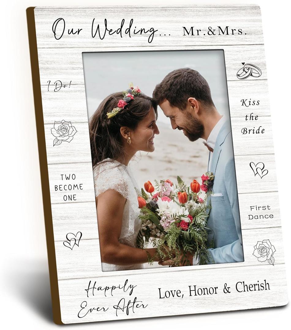 Wedding Picture Frame 4x6, Engagement Wooden Picture Frame, Wedding Engagement Gifts for Couples Newlyweds Bride Groom, Love Honor Cherish Decorative Photo Frames for Table Desk Decor