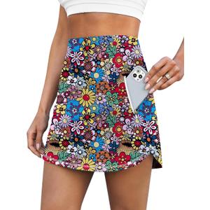 LouKeith Golf Skirts for Women Tennis Skirt with Zipper Pockets High Waisted Running Casual Athletic Skorts Built-in Shorts (Medium, Pattern 3-colorful Flowers)