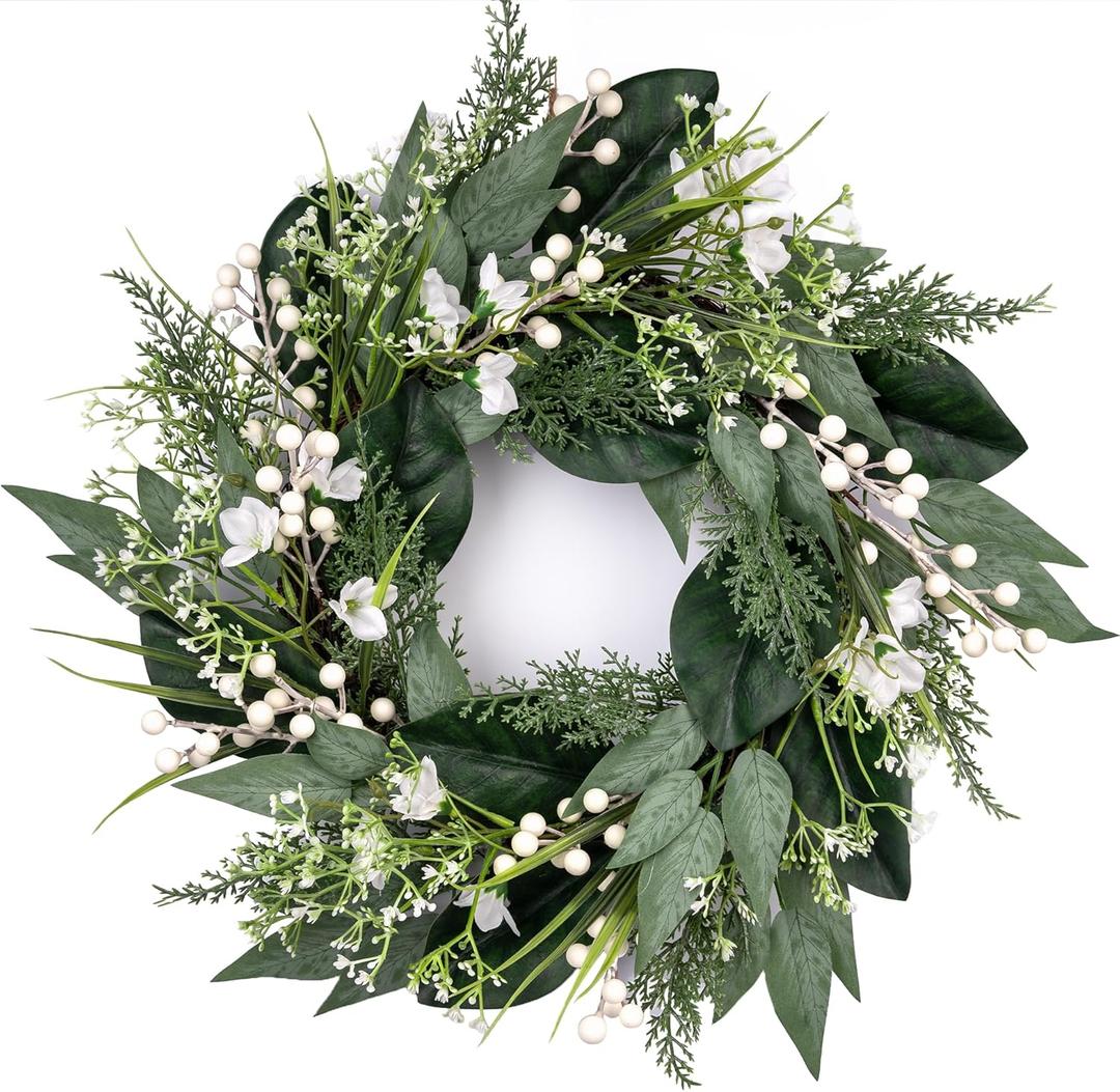 20 inch Spring Wreaths for Front Door with White Berries, Green Wreath with White Flower for Window Wedding Decor Home Porch Farmhouse Patio Garden Decor All Seasons (Dark Green Leaves, White Fruit)