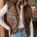 EVALESS Faux Leather Jacket Women Sleeveless Motorcycle Coat Zip Up Vest Jackets Fall Fashion Outfits Winter Clothes (Brown, XXL)