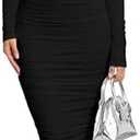 BEAGIMEG Women's Sexy Bodycon Long Sleeves Ruched Square Neck Party Club Midi Dress L