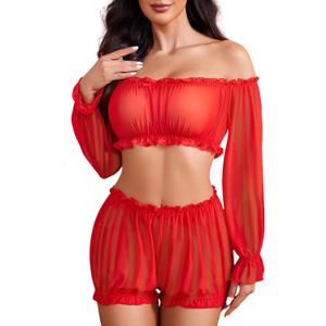 Avidlove Lingerie Sets for Women Sexy Long Sleeve Off Shoulder Ruffle Bra and Panty Set (Small, Red)