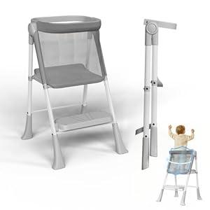 Kitchen Step Stool, Foldable Toddler Standing Tower for Bathroom Sink or Kitchen Counter with Safety Net, Suitable for 1-6 Years, Gray