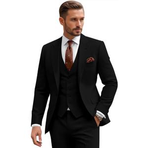 3 Piece Suit for Men Mens Suit 3 Piece Suits Men Slim Fit Single Breasted Two Button Peak Lapel Blazer Vest Pants Set (X-Large, Black)