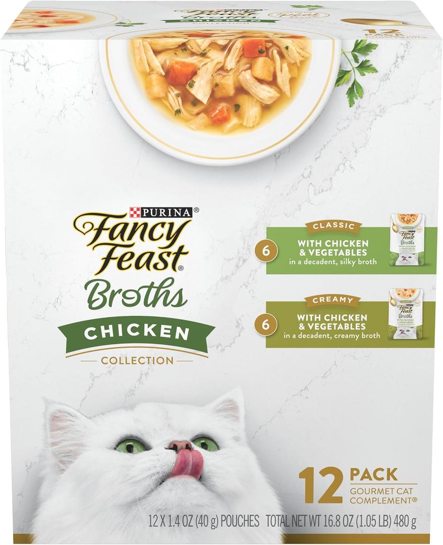 Purina Fancy Feast Chicken Broth Complement Lickable Grain Free Wet Cat Food Variety Pack - (Pack of 12) 1.4 oz. Pouches (EXP 02/01/28)