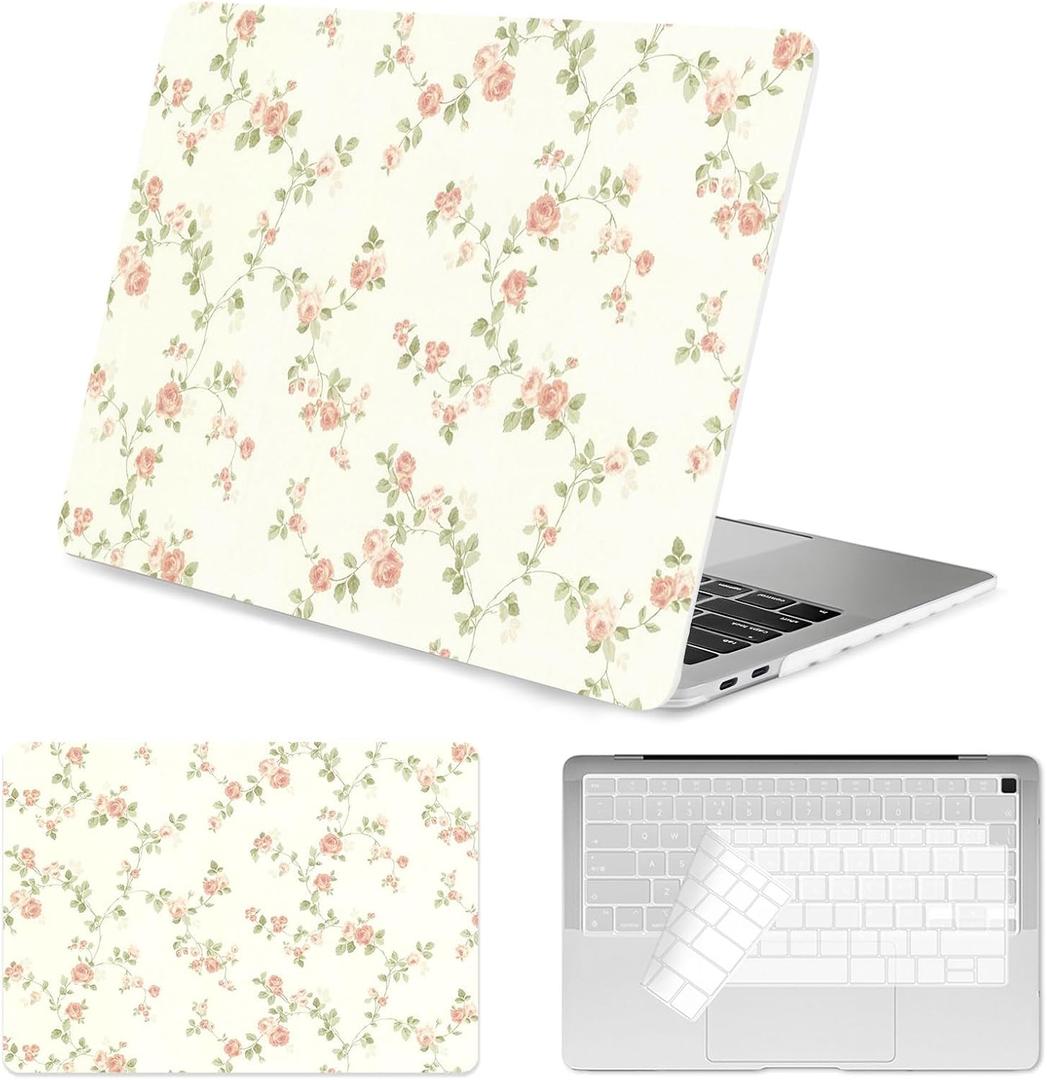 Seorsok Compatible with MacBook Air 13 Inch Case 2022 2021 2020-2018 Release A1932 A2179 M1 A2337,Cute Flower Branch and Vintage Pink Rose Plastic Hard Case&Transparent Keyboard Cover,Blooming Rose