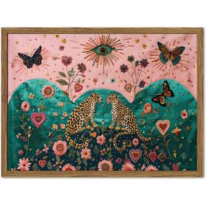 Vintage Leopard Wall Art Mystical Cheetah Wall Decor Painting, Whimsical Animal Butterfly and Floral Poster Canvas Prints Picture for Living Room Bedroom 16x24 inch Wood Framed