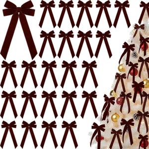 Riceshoot 24 Pcs Christmas Velvet Bows 4.5 x 8.6 inch Vintage Bow Christmas Tree Decorations Xmas Ornaments for Wreath Gifts Wrapping Garland Indoor Outdoor Holiday Party Decor (Dark Brown)