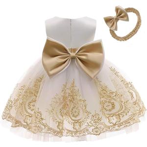 TUIJI 0-6T Big Bowknot Toddler Baby Girls Formal Dresses Pageant Party Lace Embroidery Dress with Headwear (3-4T, White+gold)