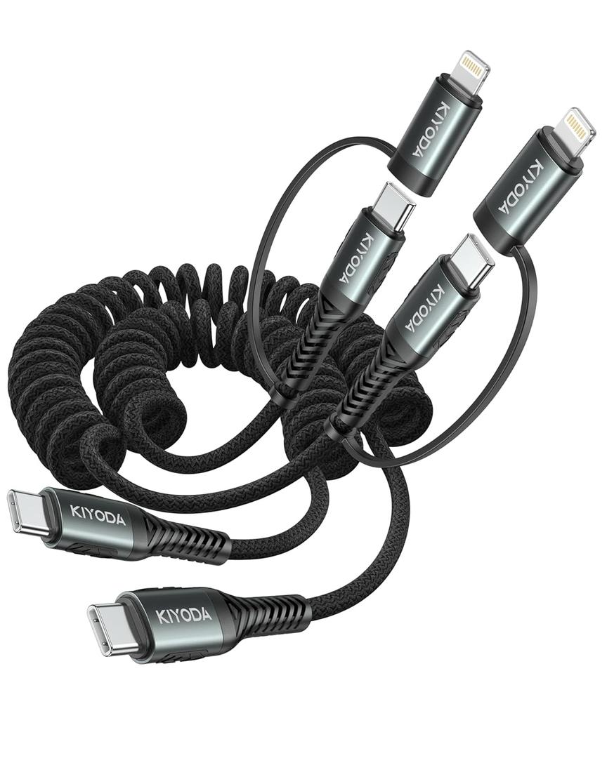 Coiled USB C to USB C and Lightning Cable 2 in 1, 3FT 2Pack Braided Cord Fast Charging Type C Car Charger for iPhone 17 16 15 14 13 12 11,iPad, Samsung Galaxy, Google Pixel, Moto, LG, TCL Phones