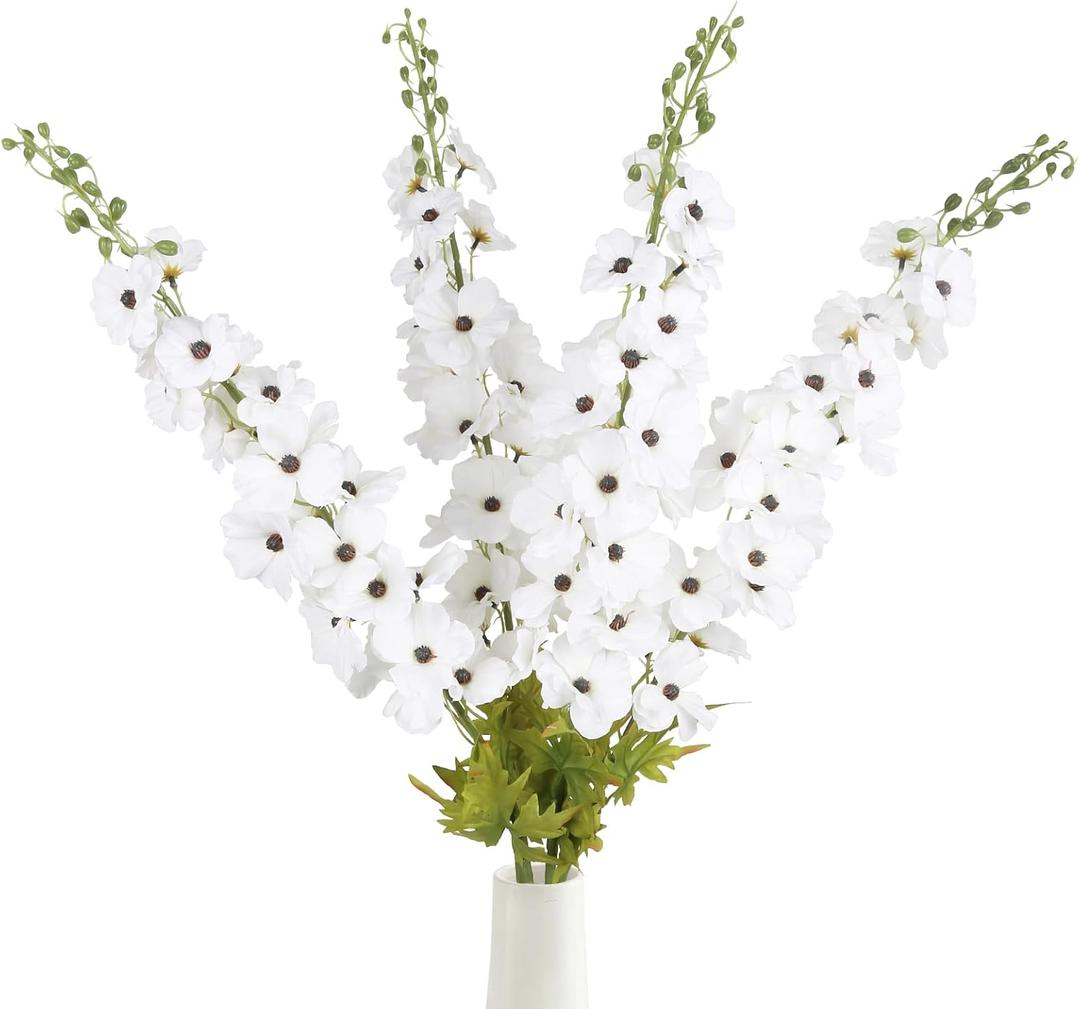 42'' Long Stem White Delphinium Artificial Flowers for Tall Vases 4PCS Fake Hollyhock Silk Flowers Realistic Larkspur Faux Flower for Home Wedding Table Decor Floral Arrangement (Pure White)