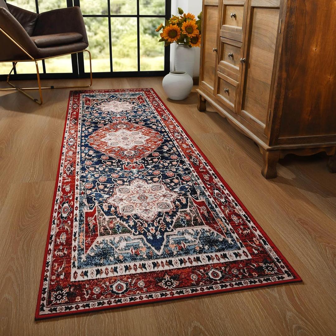 YJ.GWL Area Rug 2x7, Machine Washable Hallway Runner Rug, Boho Floral Vintage Distress Print Pattern Carpet, Low Pile Lightweight Thin Rugs for Entryway, Kitchen and Corridor, Red