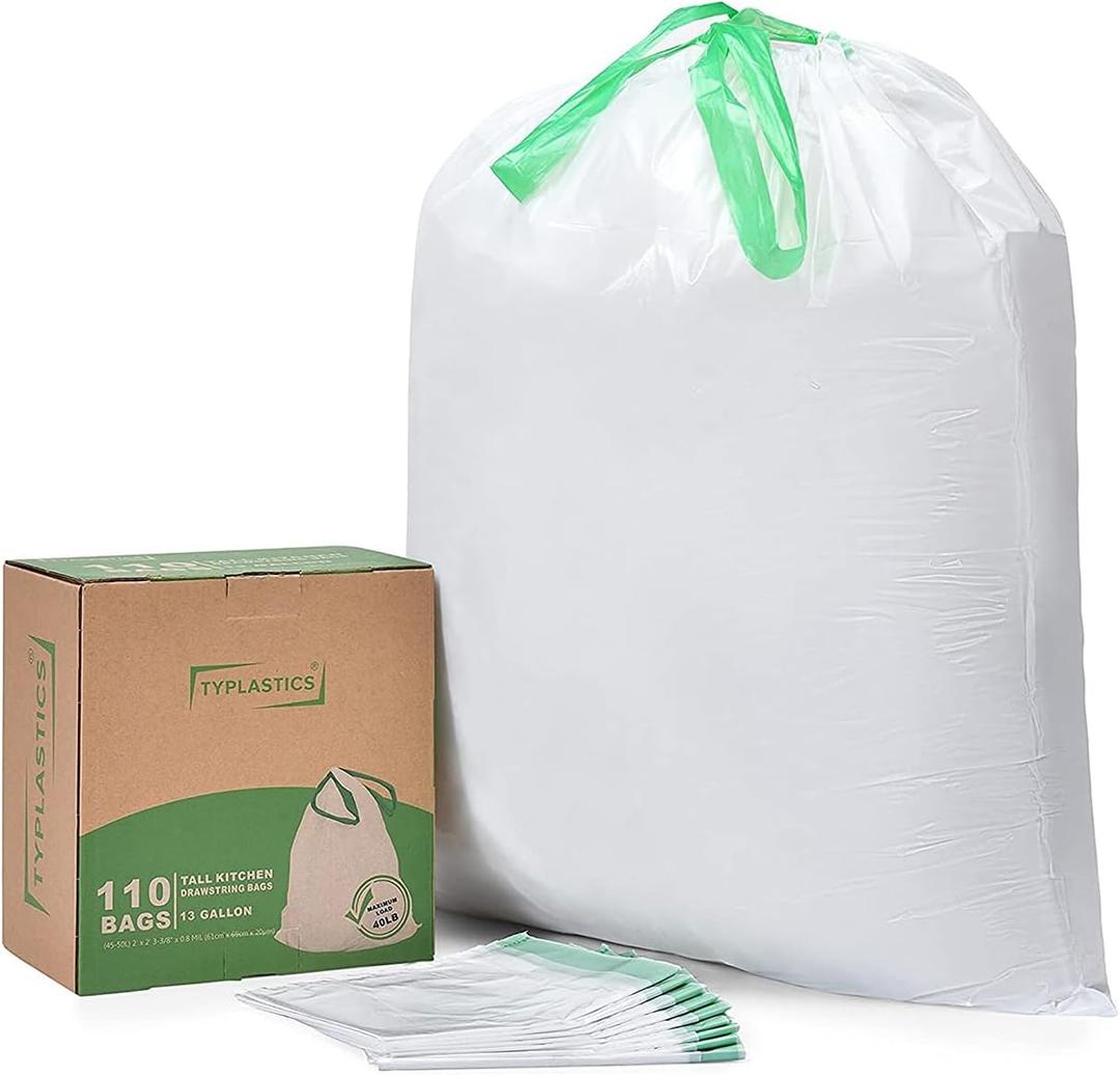 TYPLASTICS Tall Kitchen Drawstring Trash Bags, 13 Gallon, 110 Count