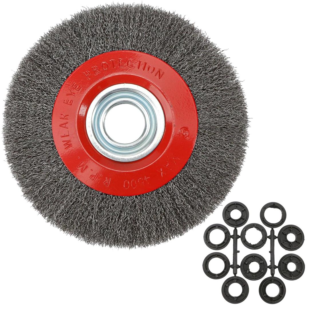 8 Inch Wire Wheel for Bench Grinder, Crimped Carbon Steel Round Brush with 1/2" 5/8" 3/4" 7/8" 1" Spacer Arbors, 0.012" Wire, for Paint Rust Removal Deburring Descaling Polishing Finishing Grinding