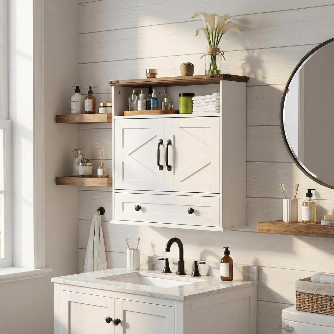 Bathroom Cabinet with Double Barn Doors – Wall Mounted Medicine Cabinet over Toilet with Adjustable Shelf & Drawer, 25" Wide Hangging Storage Cabinet for Bathroom, Kitchen, Laundry, Entryway White